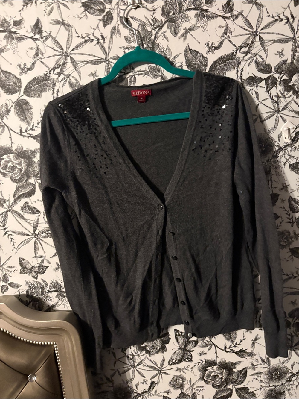Merona Dark Gray V-Neck Cardigan with Shoulder Embellishments